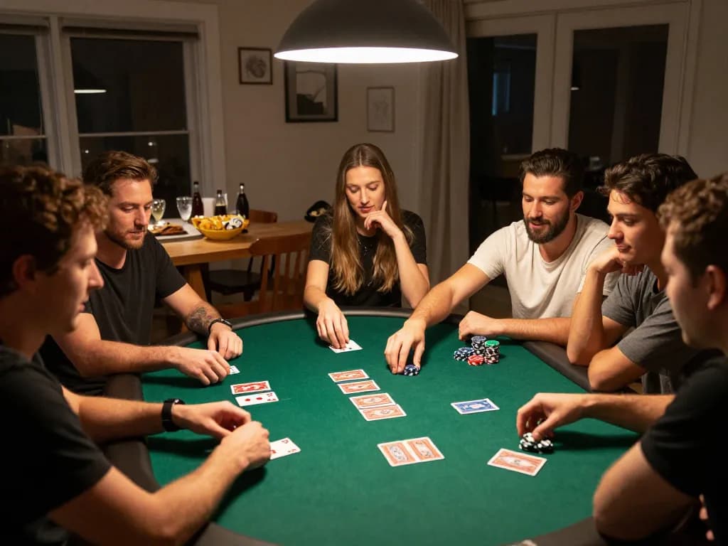 Engaging group enjoying intense poker gameplay with dark web links strategy in focus.
