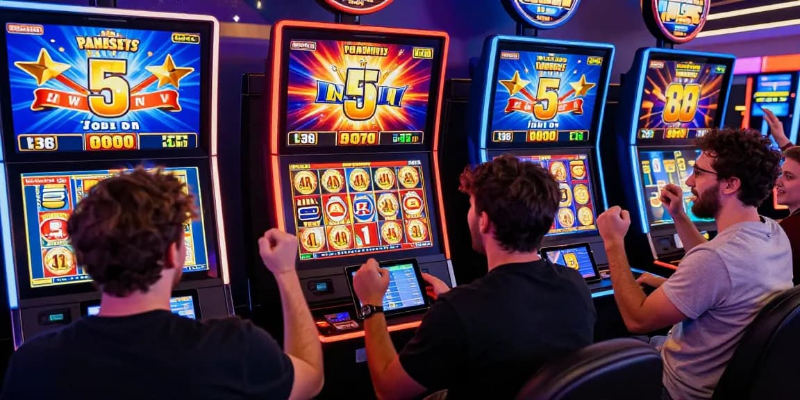 Engaged players celebrating a win on slot deposit 5k games in a vibrant online casino setting.