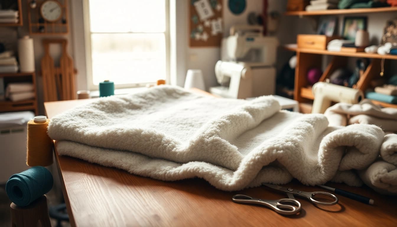 Fleece stof op houten tafel met naaigereedschap, perfect voor creatievelingen.