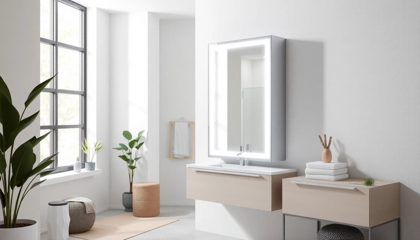 Spiegelschrank mit LED Beleuchtung zeigt modernes Design und praktische Funktionalität im Badezimmer.