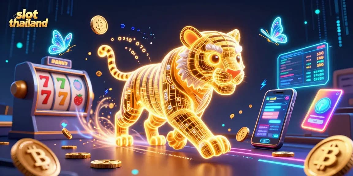 Spin the reels with Bitcoin and Ethereum in this dynamic slot thailand digital illustration.