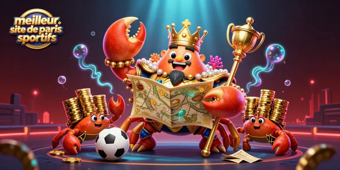 Illustration d'un crabe empereur doré, représentant le meilleur site de paris sportifs, entouré d'éléments de paris sportifs.