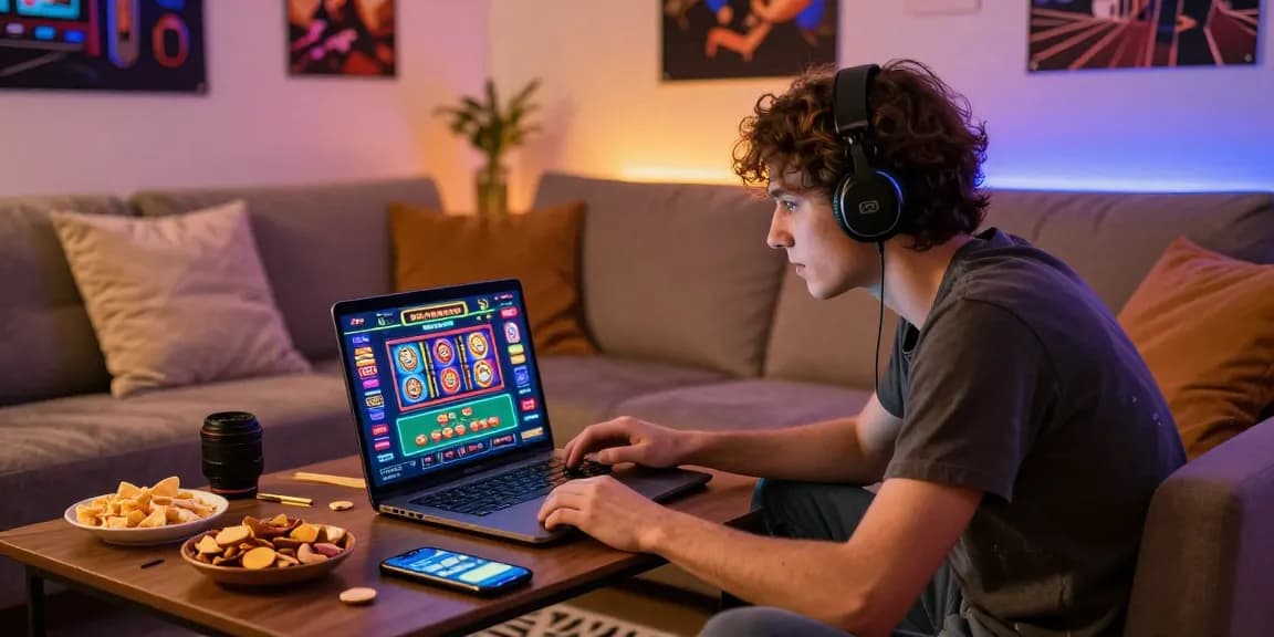 Ambiance de jeu engageante dans un casino en ligne avec un joueur à domicile profitant de jeux avec croupier en direct et de machines à sous sur un ordinateur portable.