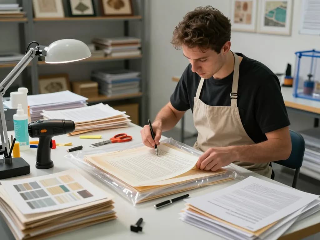 Bóc giấy ép uy tín hà nội: Skilled technician restoring documents using expert techniques in a modern workshop.
