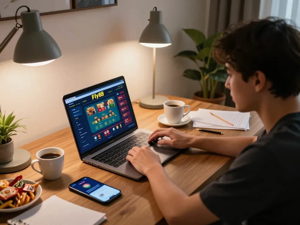Enjoying an online gaming session with Fly88 on a cozy home setup, balancing strategy with fun.
