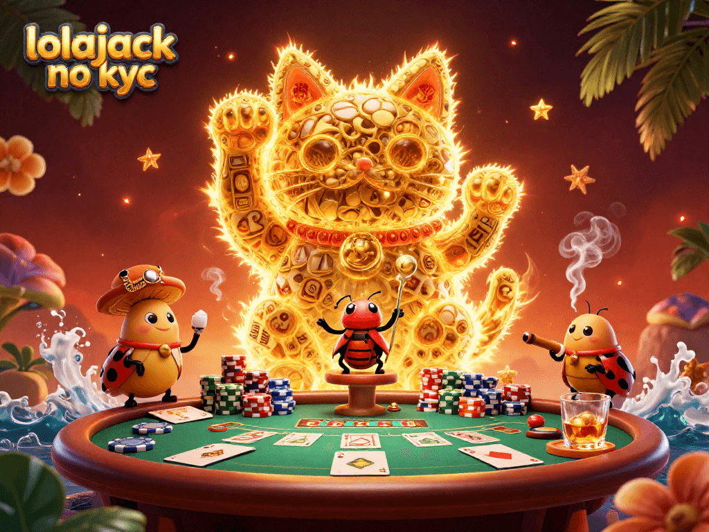 Engage with lolajack no kyc through a vibrant 3D illustration of casino symbols and lucky elements.