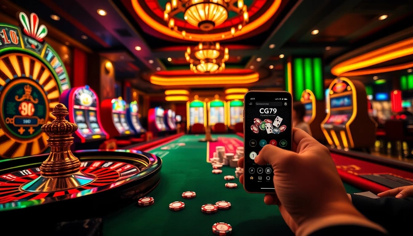 Trải nghiệm lối chơi đầy hồi hộp tại cg79 với hình ảnh casino sống động, bao gồm bàn poker và roulette.