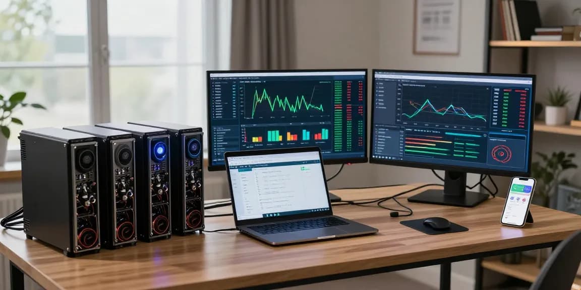 Mining crypto online in a secure professional environment with multiple screens showing blockchain analytics and real-time performance.