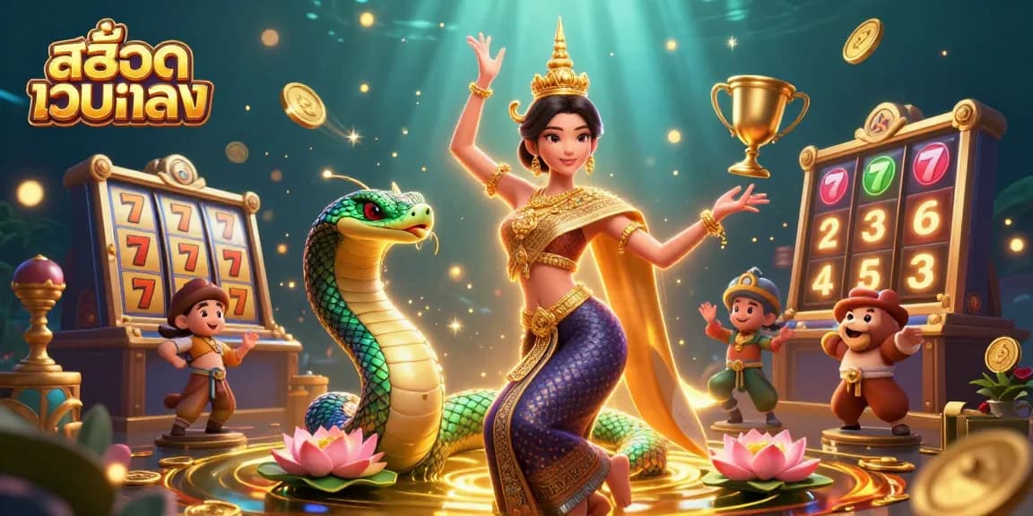 Engage with สล็อตเว็บตรง in a vibrant scene featuring a Thai dancer, Naga serpent, and slot symbols.