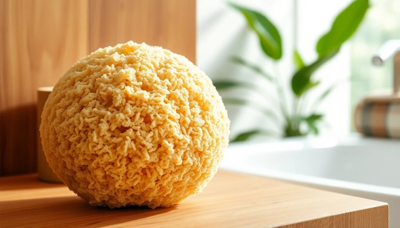 A raw loofah sponge showcasing its natural texture and earthy tones in a serene setting.