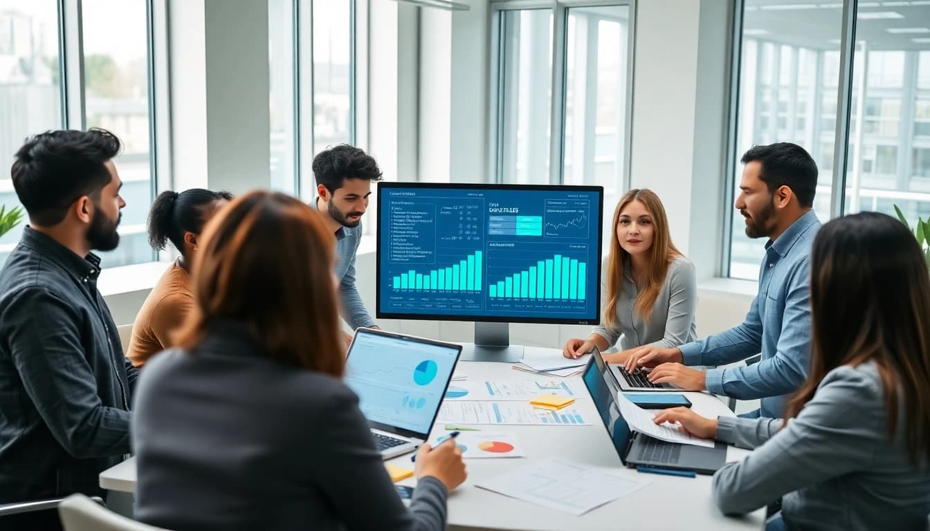 Visual representation of a Content Gap Analysis team engaged in collaboration, showcasing data charts and analytics.