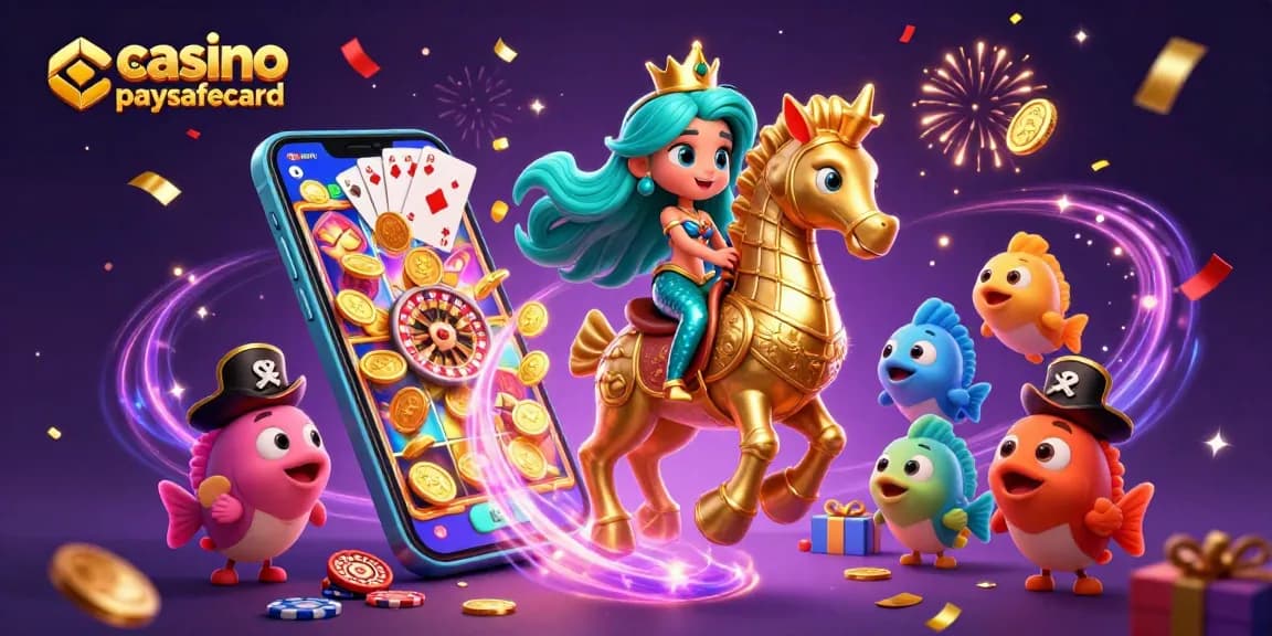 Essayez le casino en ligne paysafecard avec cette illustration captivante de sirène et ses amis marins.