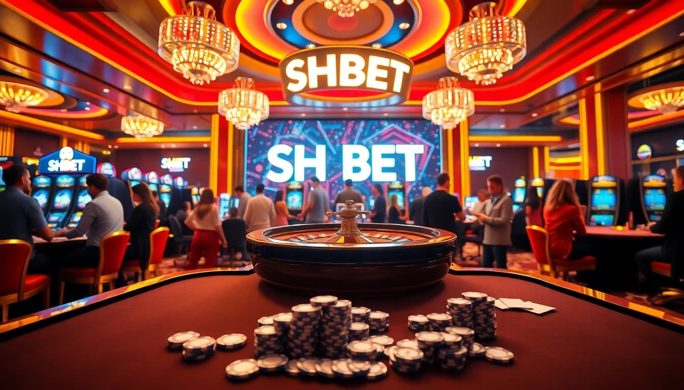 SHBET players enjoying an upscale casino experience with roulette, poker chips, and vibrant decor.