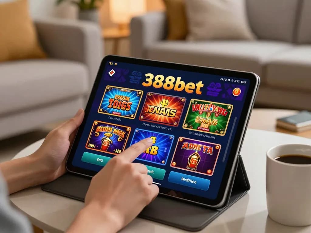 Engaging user playing 388bet on tablet in a cozy home setting for online gaming.