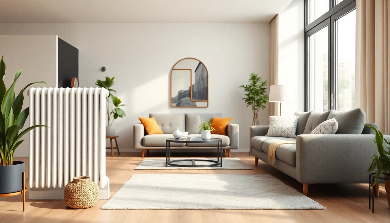Der heizkörper in einem modernen Wohnzimmer mit stilvollem Design strahlt Wärme aus.
