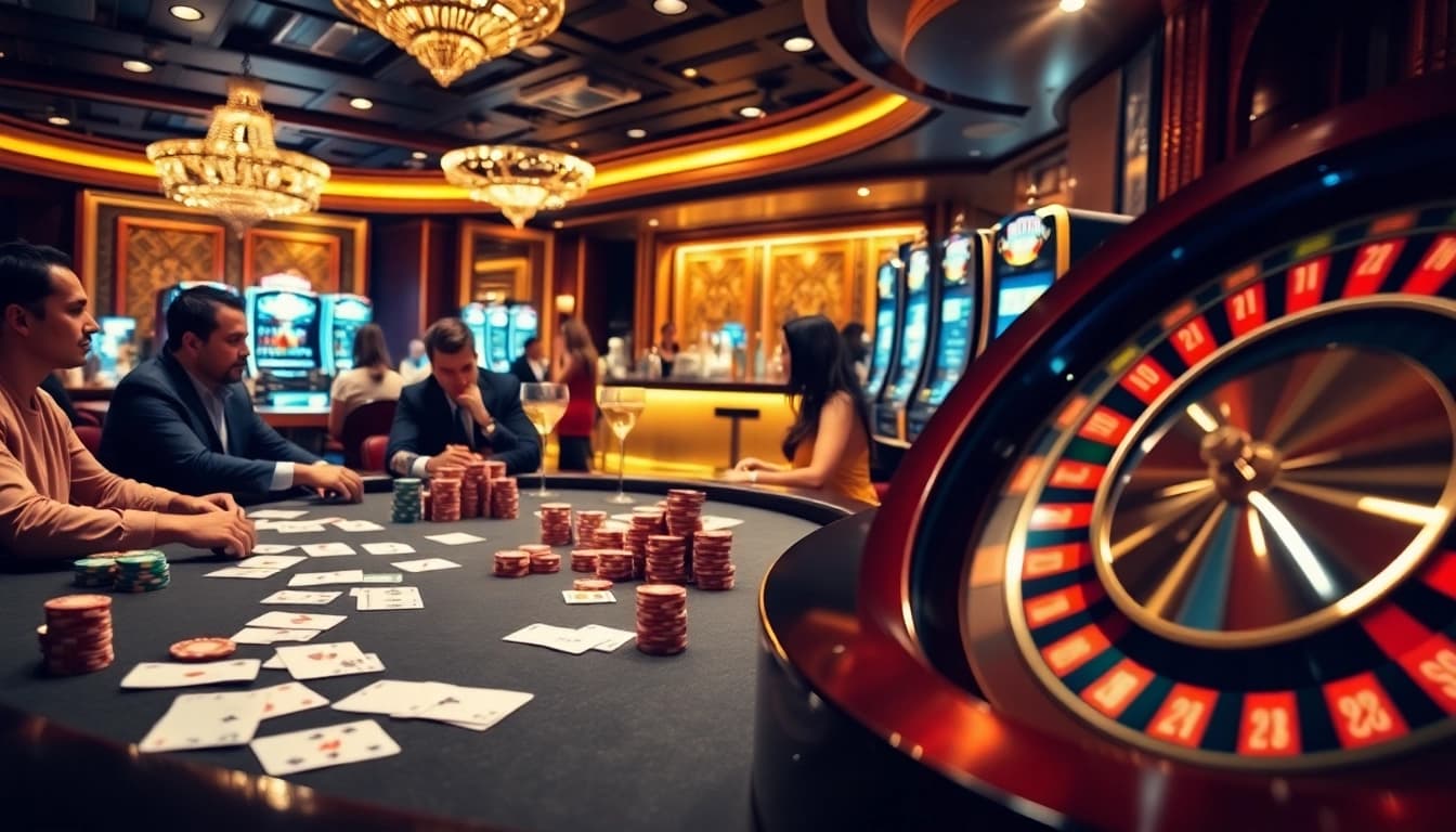 Action de poker à enjeux élevés dans un environnement luxueux, mettant en valeur les caractéristiques du meilleure casino en ligne et des joueurs plongés dans le jeu.