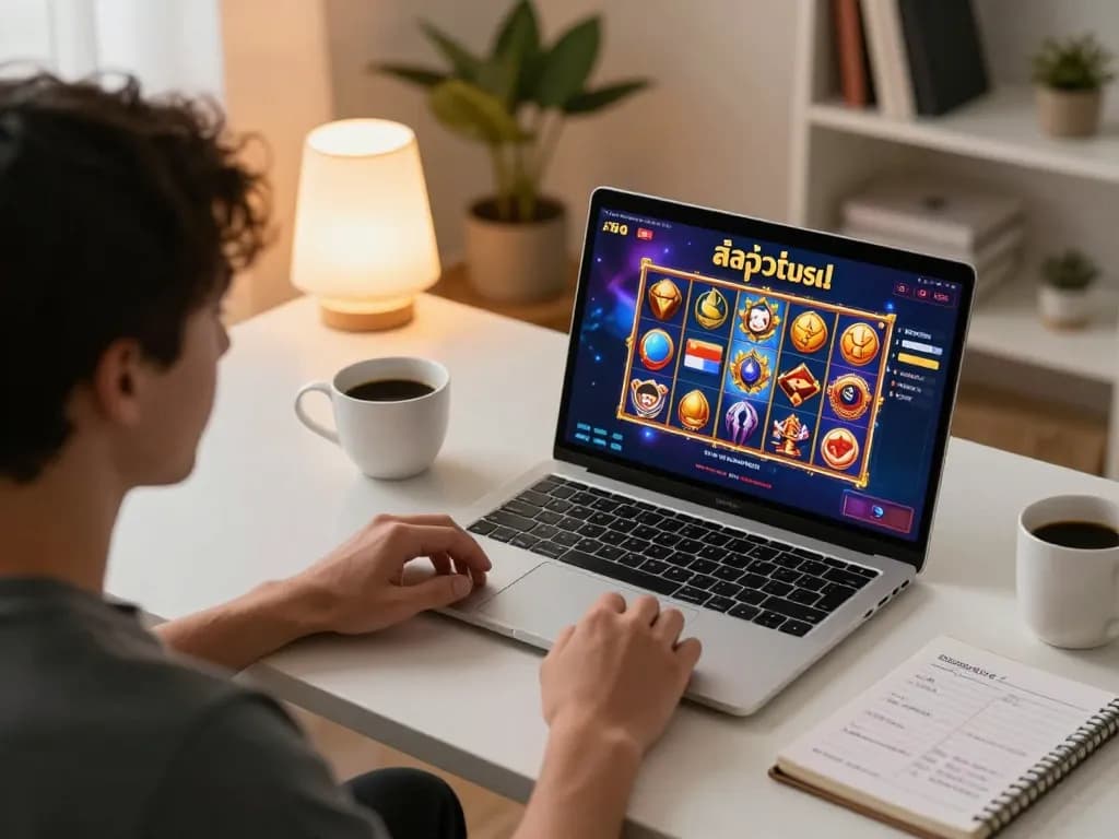 Player enjoying สล็อตวอเลท online gaming experience, showcasing vibrant slot game action and strategic notes.
