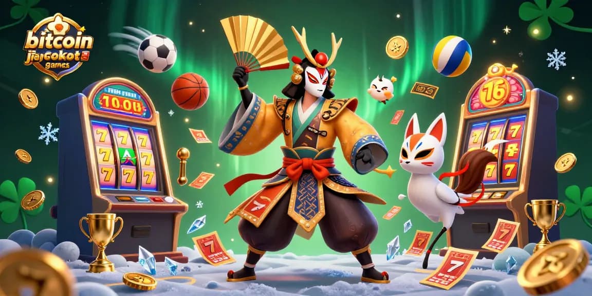 Engage with bitcoin jackpot games through an action-packed casino scene featuring kabuki characters and dynamic elements.