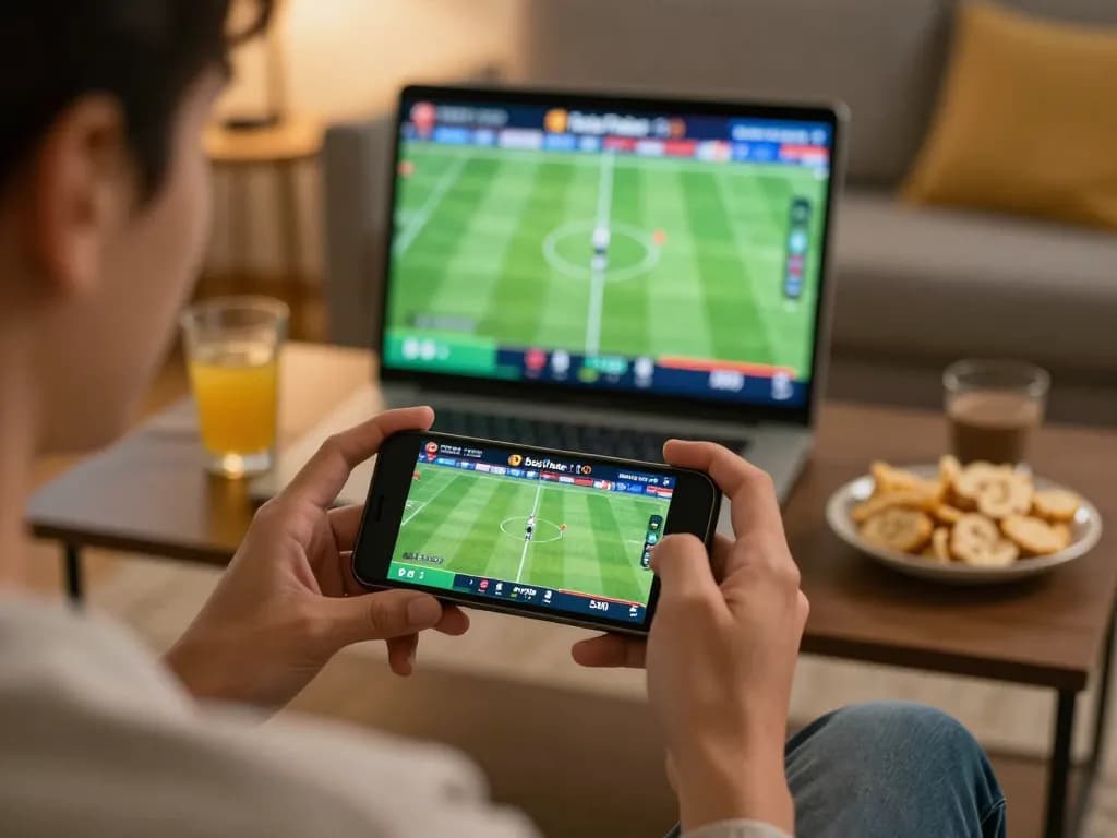 Person placing bets on bola 7meter app while enjoying a live sports match at home.