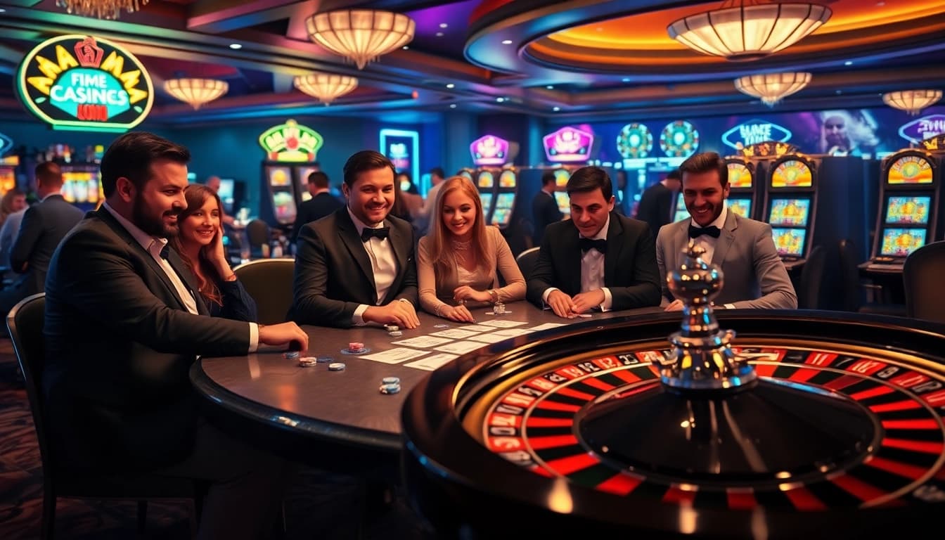 Scène engageante d'un meilleure casino en ligne avec des joueurs à une table de poker et une roue de roulette.