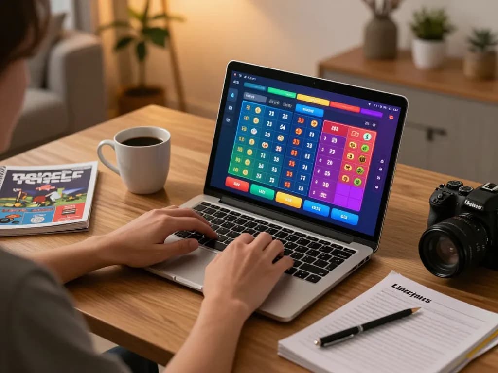 Bergabung dalam permainan toto togel online dengan laptop di meja makan dalam suasana rumah yang nyaman.