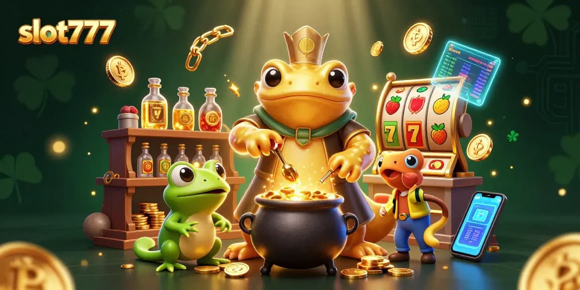 Menangkan jackpot slot777 dengan karakter kartun, koin Bitcoin dan simbol keberuntungan.