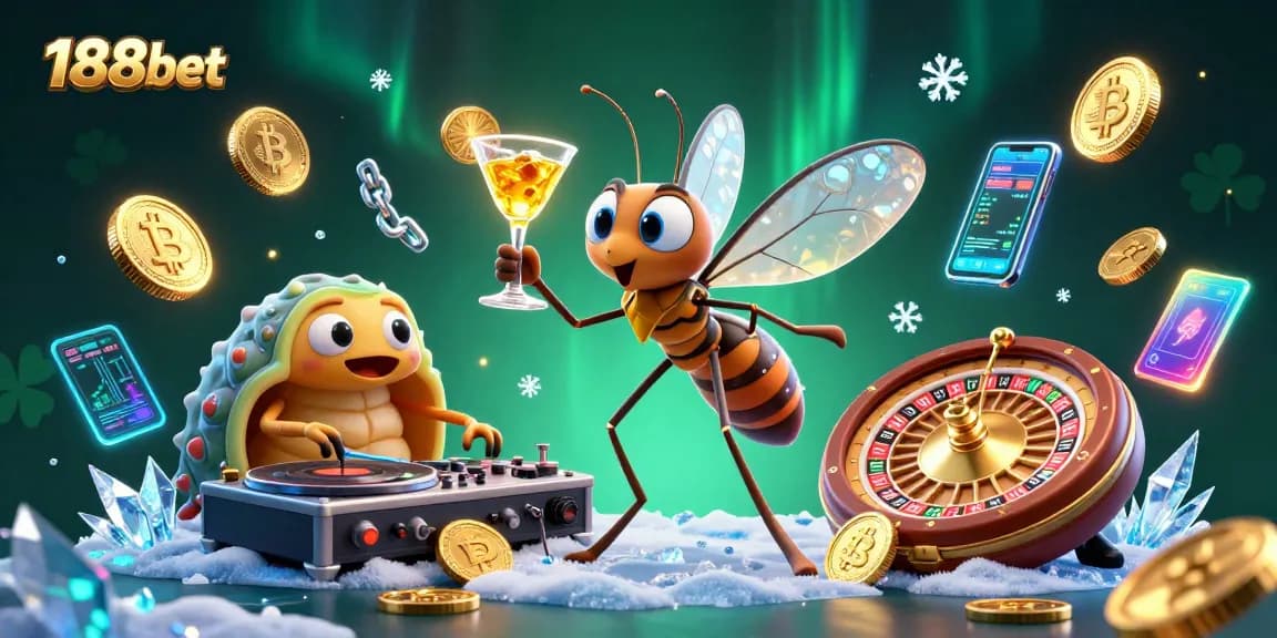 Spin to win with 188bet: vibrant digital casino scene featuring crypto elements and lively characters