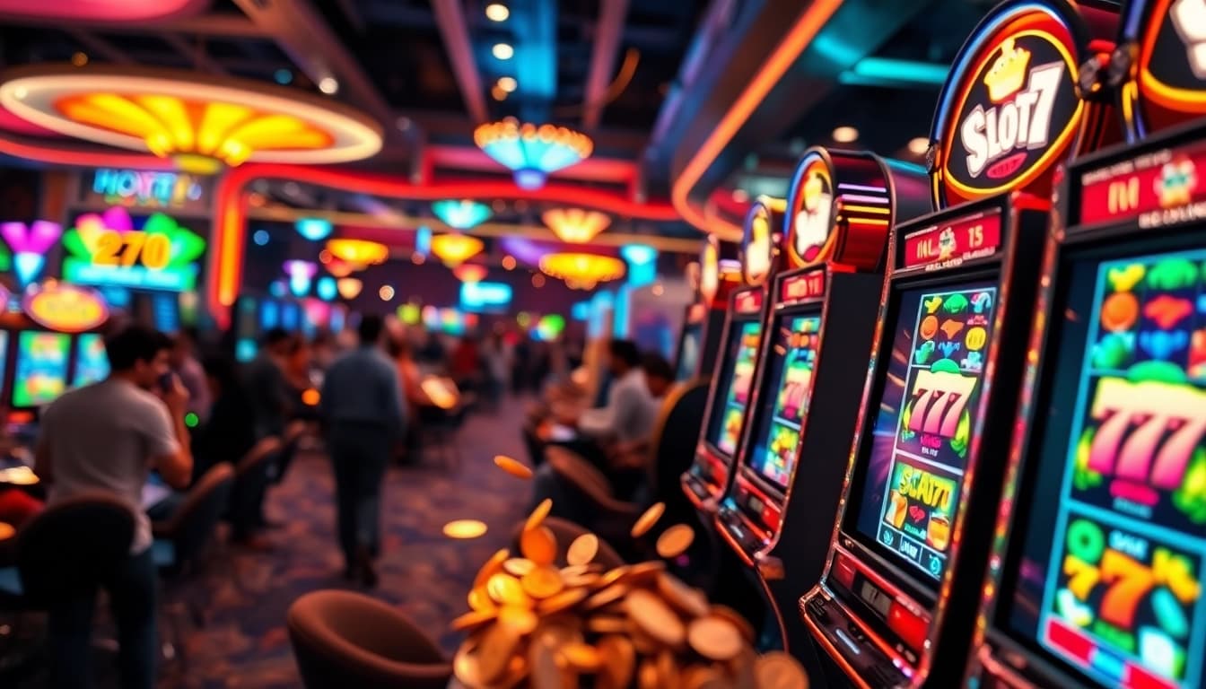 Slot77 mesin permainan dengan koin yang mengalir dan pemain yang bersemangat.