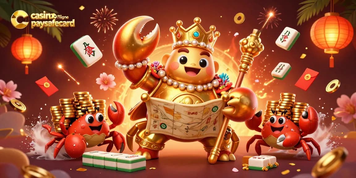 Jouer aux jeux de casino en ligne paysafecard avec un crabe doré majestueux et des jetons en or entourés de lanternes et de feux d'artifice.