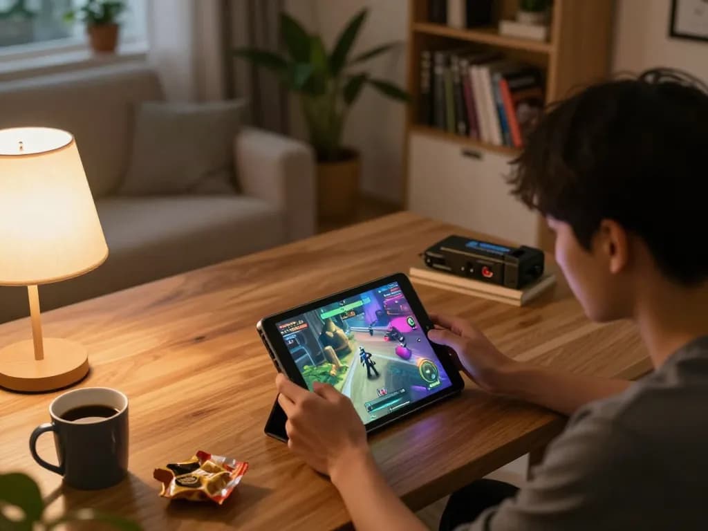 Engaging in an nsfw game on a tablet in a cozy living room setting