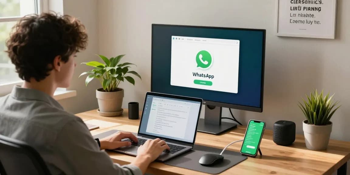 Workspace featuring WhatsApp電腦版 on a monitor, promoting efficient communication.