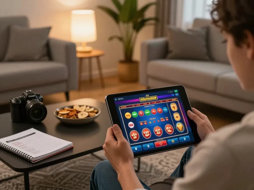 Person enjoying gameplay at casino non aams con neteller on a tablet in a cozy home setting.