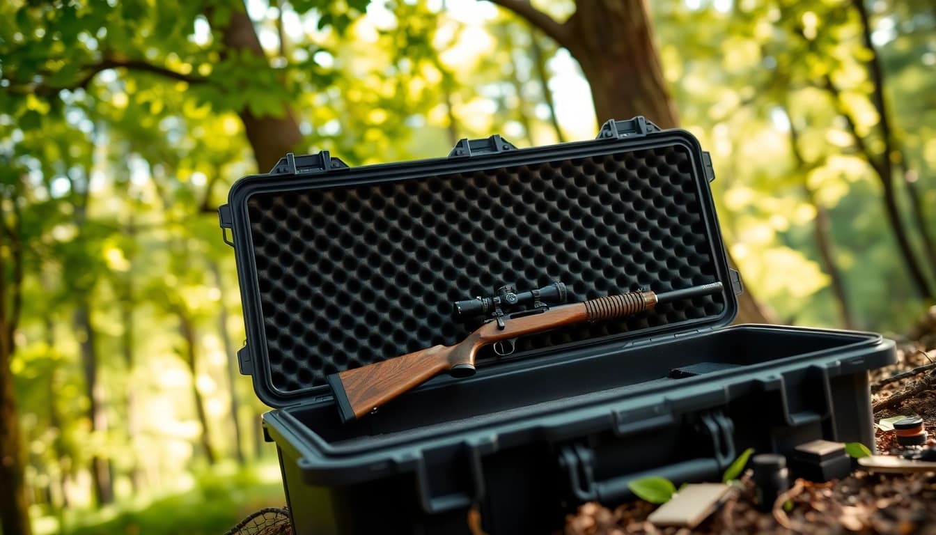 Showcasing a pelican rifle case with a partially open lid, revealing interior padding in a serene outdoor setting.