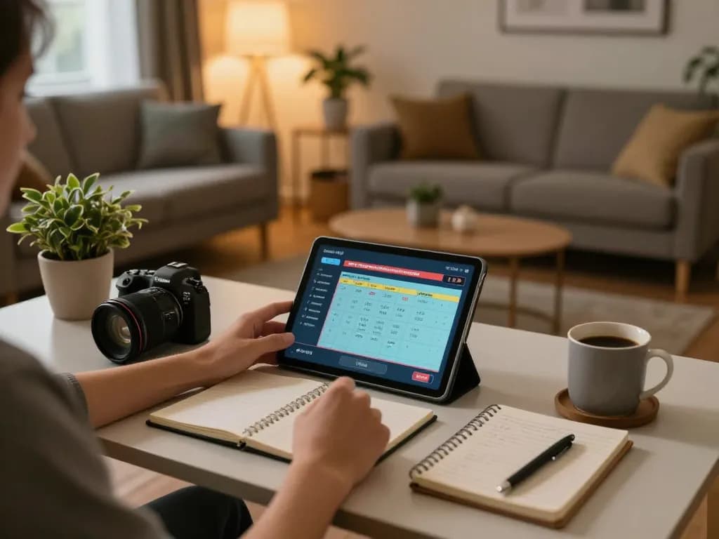 Cakhiatv user engaging in online gaming with a tablet, focused on strategic betting within a cozy home environment