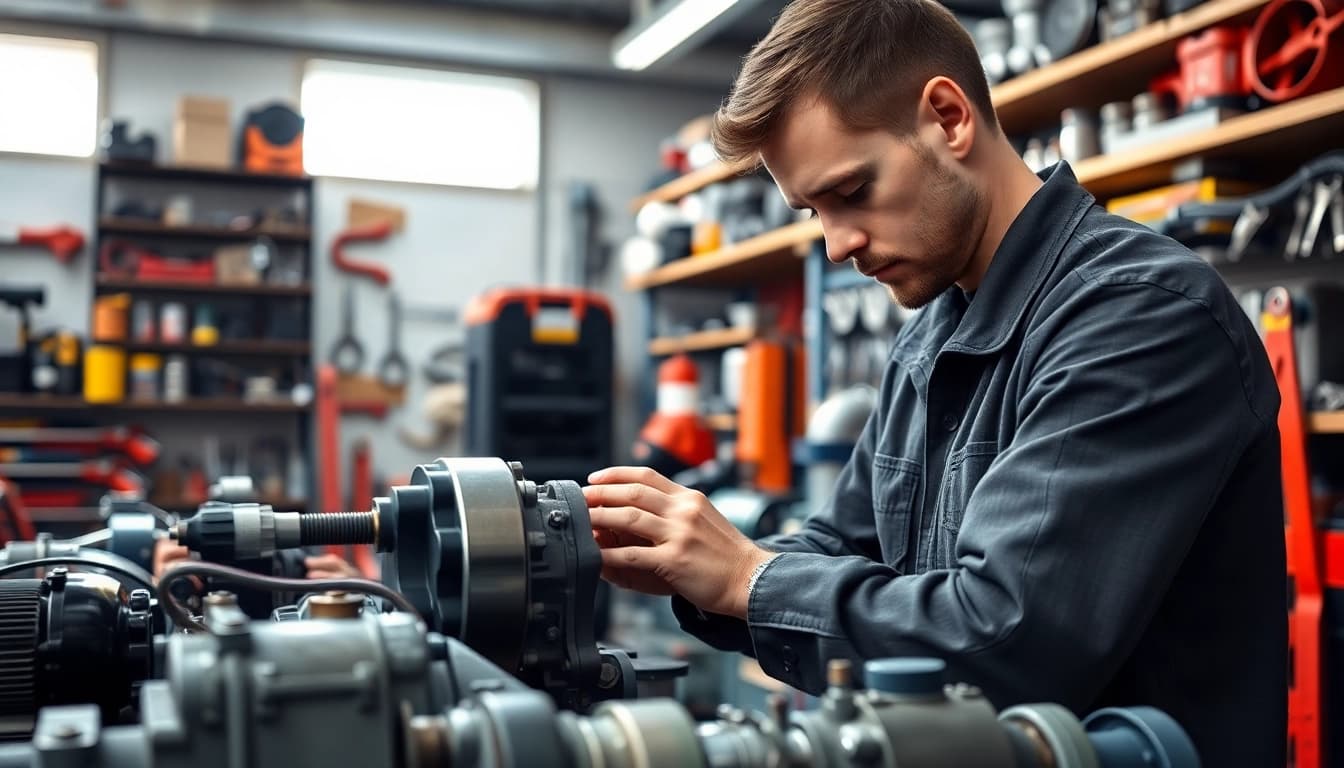Engaging hydraulic pump services expert repairing equipment in a busy workshop.