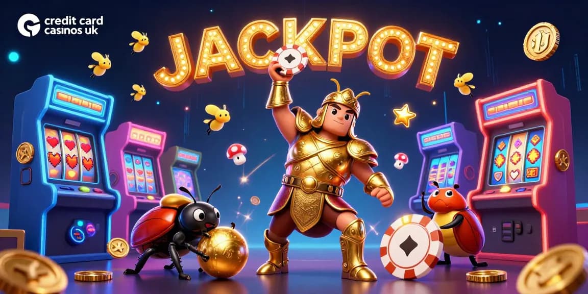 Engaging scene of the credit card casinos uk with hercules beetle celebrating a jackpot win, surrounded by colorful casino elements.