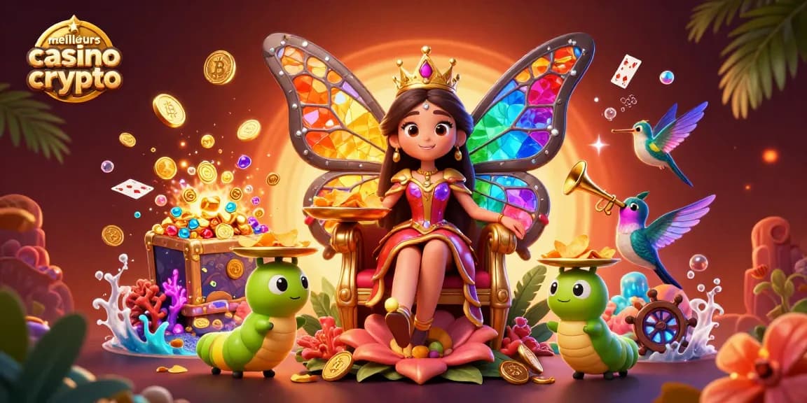 Plongez dans l'univers des meilleurs casinos crypto avec une reine papillon entourée de pièces et de cartes vibrantes.
