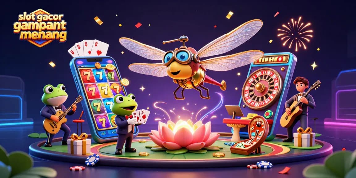 Engage with slot gacor gampang menang through a vibrant 3D casino scene featuring a dragonfly pilot, frog croupier, and festive gameplay elements.