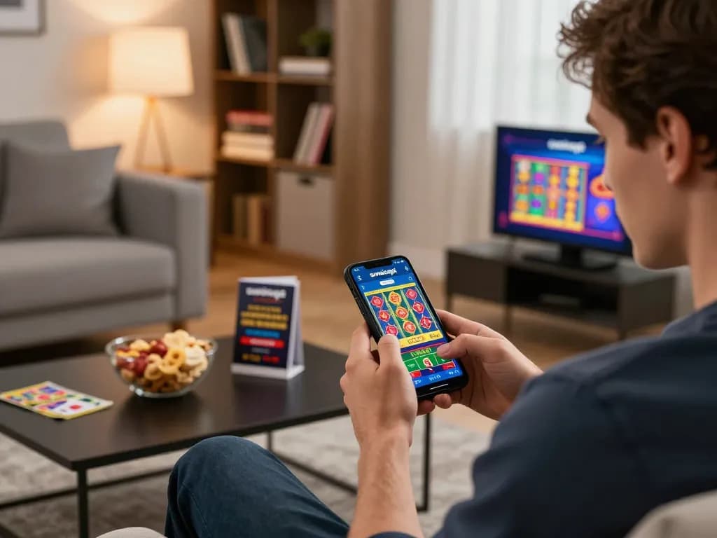 Engaged player using the sunwinapk app for exciting gameplay in a cozy home environment.