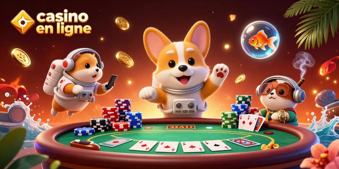Profitez d'une expérience de jeu immersive avec notre illustration de casino en ligne, où le corgi astronaute et ses amis jouent ensemble.