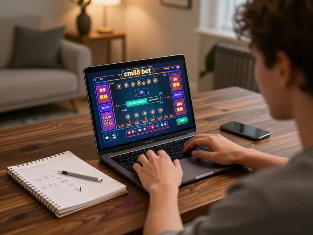 Playing table games on cm88-bet, with colorful interface visible on laptop, showcasing a strategic gaming session.