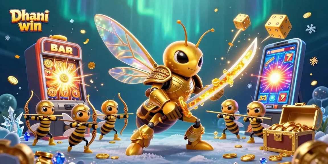 Dhani win features a captivating casino scene with a hornet samurai, slot machines, and golden rewards bursting with energy.