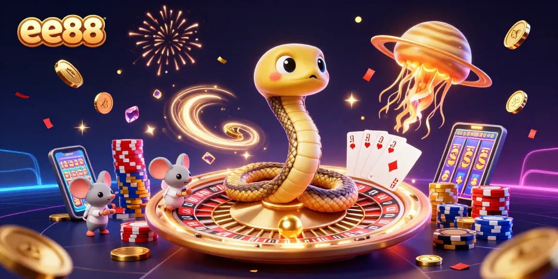 Bet on exciting ee88 games with a vibrant cosmic casino scene featuring playful characters and dazzling elements.