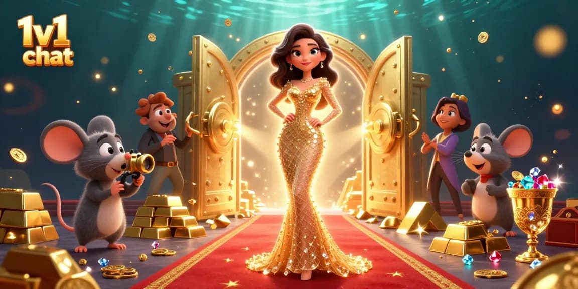 Engage in lively 1v1 chat with animated characters amidst glittering casino riches.
