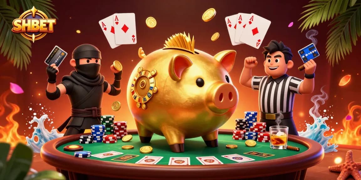 SHBET showcases thrilling casino action with a golden piggy bank sumo wrestler amidst a vibrant poker scene.