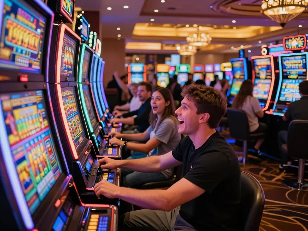 Player engaging with slot777 machines in a lively casino, showcasing excitement and potential wins.