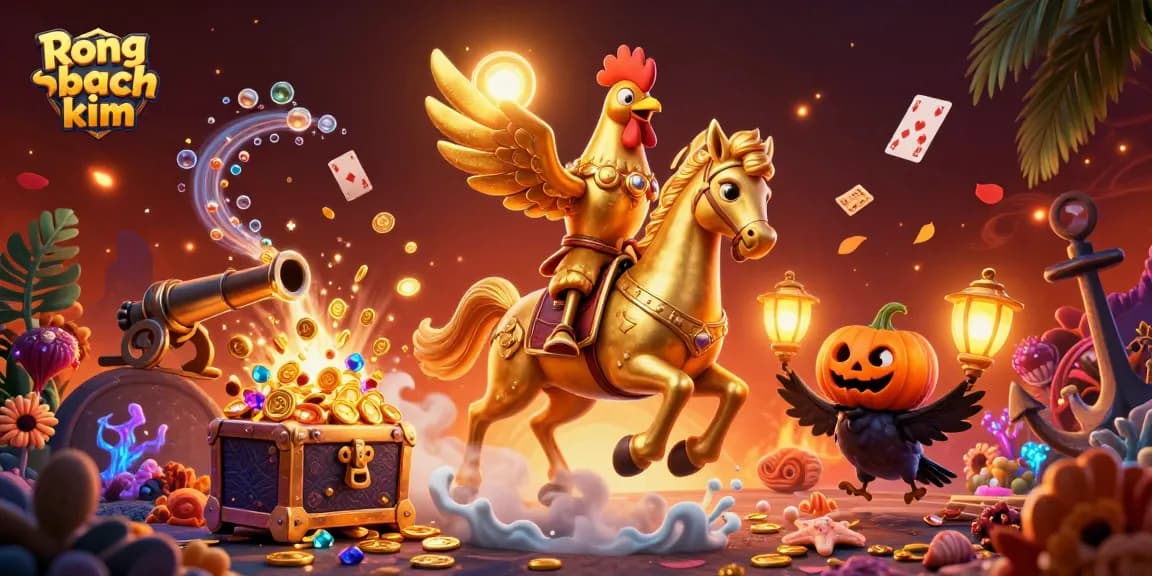 Win big with Rong bach kim's vibrant casino scene showcasing 3D characters and treasure.
