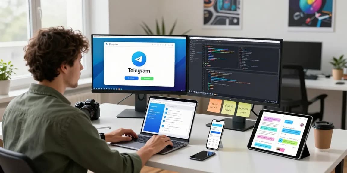 Engaging developer workspace showcasing telegram中文版下载 features with multiple monitors and collaboration tools