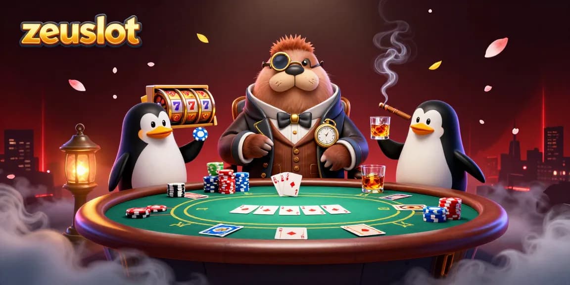 Experience thrilling zeusslot action with a playful underwater poker scene featuring a walrus, penguin dealer, and pufferfish bluffing.