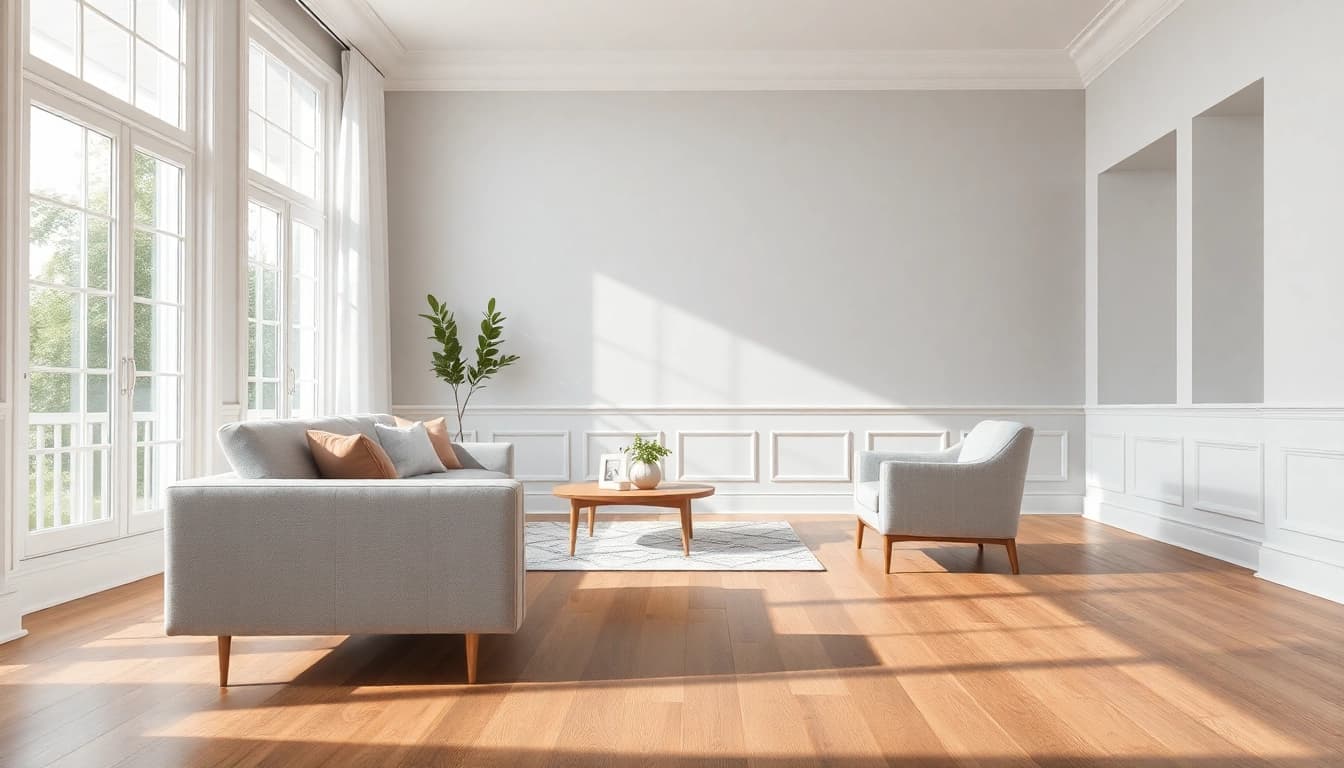 View of refined baseboards enhancing a modern living room's elegance and ambiance.